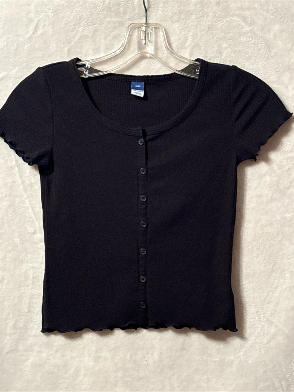 Old Navy Black Ribbed Short Sleeve Button-Front Tee Top